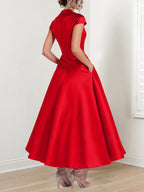 Vestidos de madre de la novia de corte A/princesa, escote en V, mangas cortas y largo hasta los tobillos