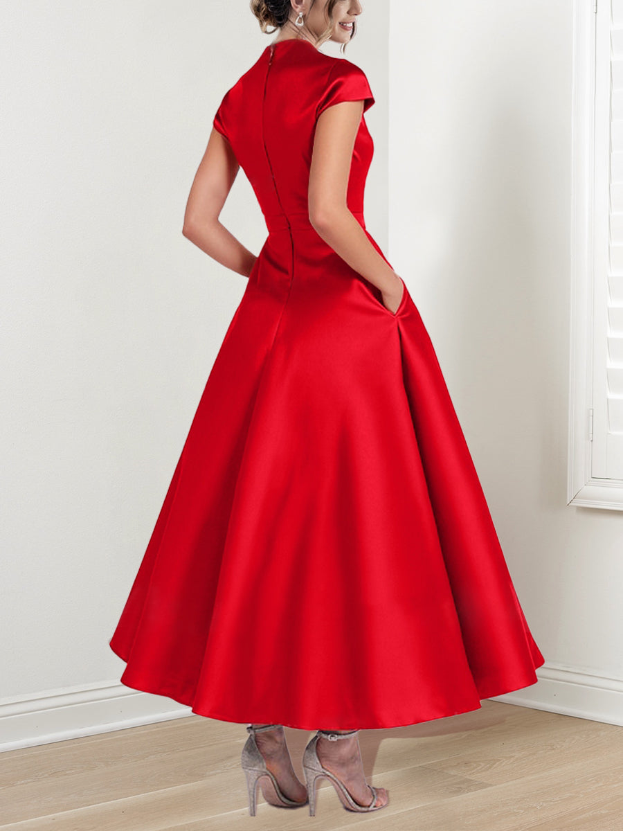 Vestidos de madre de la novia de corte A/princesa, escote en V, mangas cortas y largo hasta los tobillos