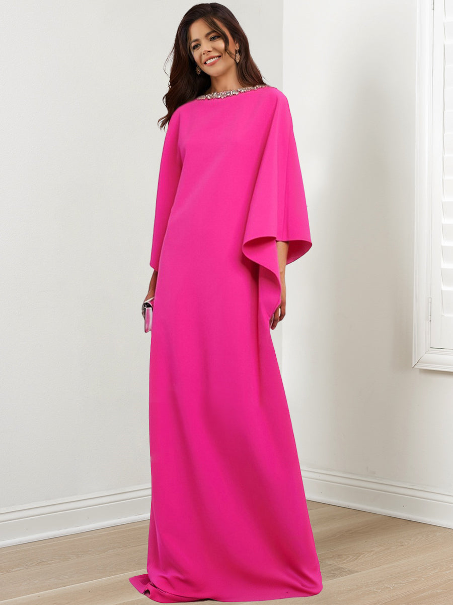 Vestidos para madre de la novia con escote redondo, mangas 3/4 y largo hasta el suelo con diamantes de imitación