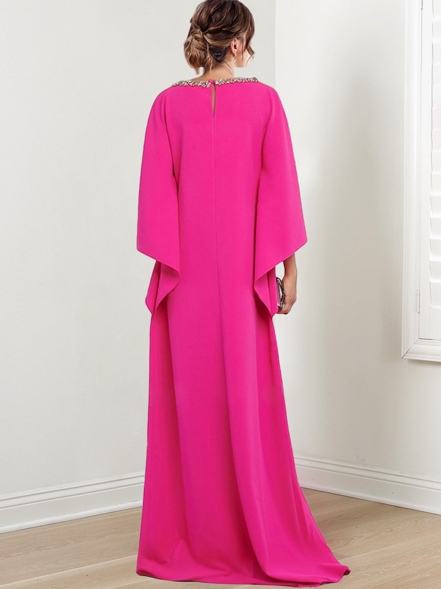 Vestidos para madre de la novia con escote redondo, mangas 3/4 y largo hasta el suelo con diamantes de imitación