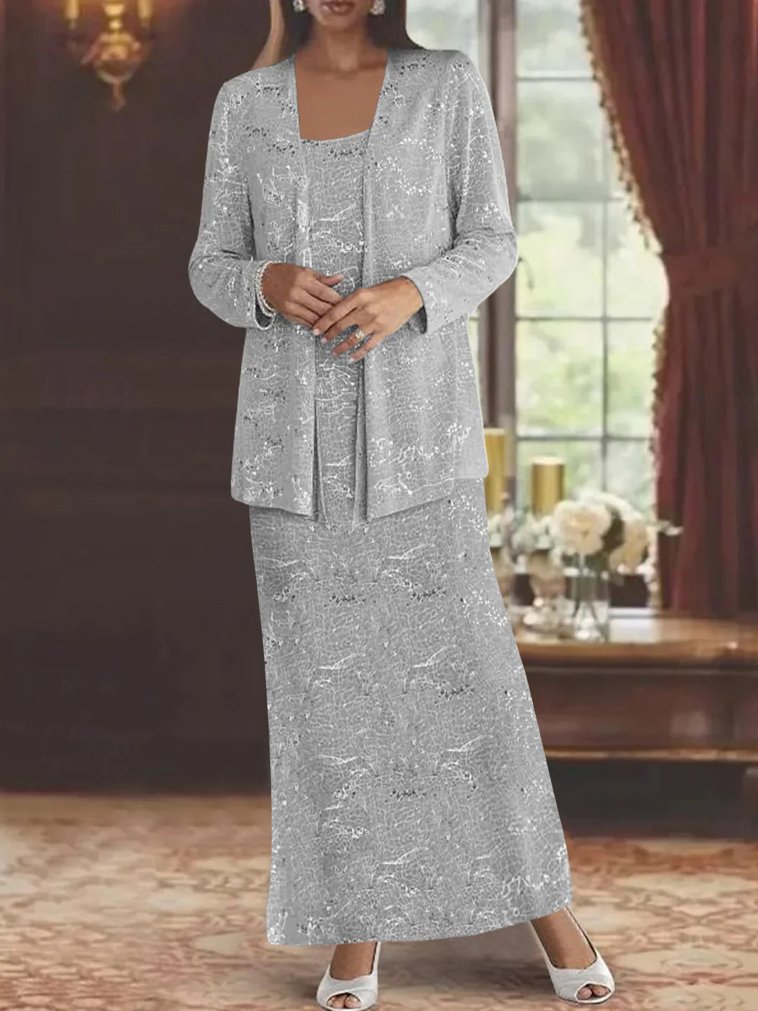 Vestidos de gasa para madre de la novia con lentejuelas y chaqueta