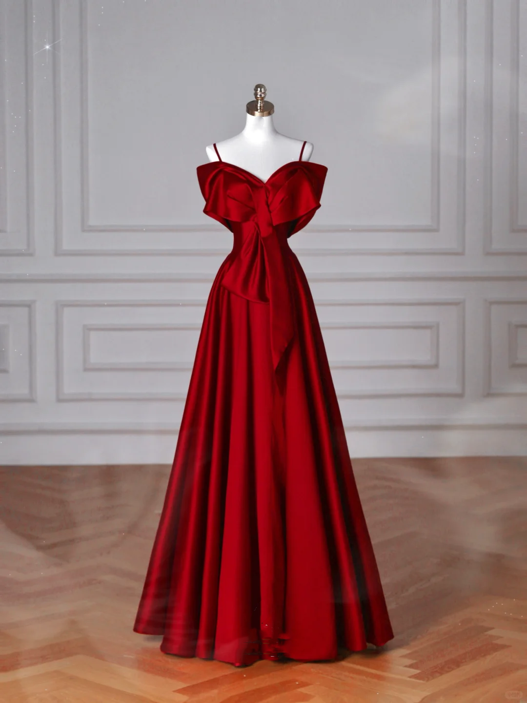 Vestido de fiesta de satén rojo con hombros descubiertos y lazo, corte en A, Y8626