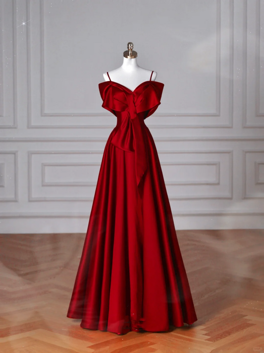 Vestido de fiesta de satén rojo con hombros descubiertos y lazo, corte en A, Y8626