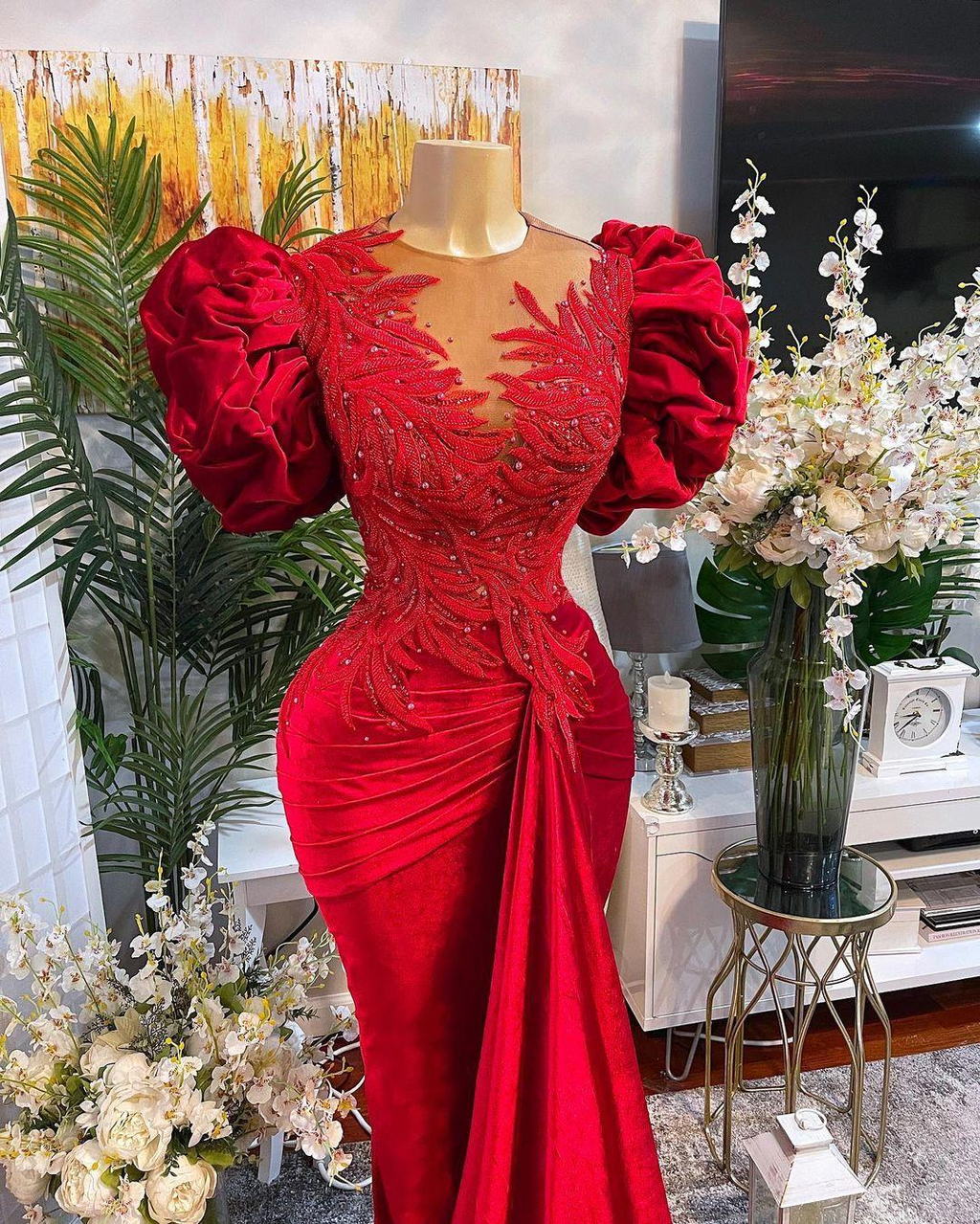 Vestido de fiesta de sirena rojo de lujo con encaje y cuentas, cuello transparente, vestido de noche, ropa formal para fiesta Y02