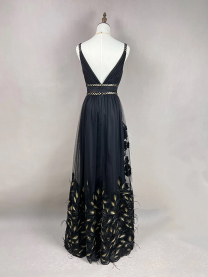 Hermoso vestido de fiesta de tul negro con plumas de seda doradas, corte A, vestido de noche formal Y8652