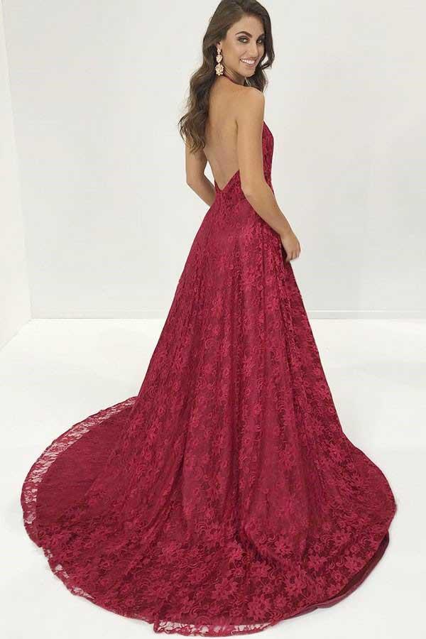 V-Neck Burgundy Deep Lace Sweep Train Backless Long Prom Gown,