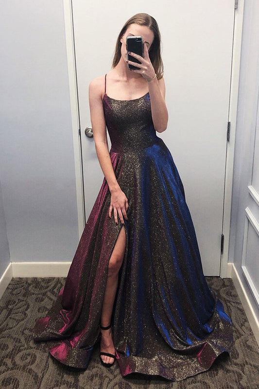 Sparkly Ball Gown Scoop Spaghetti Straps Slit Prom Dresses, Unique Party Dresses with Pockets