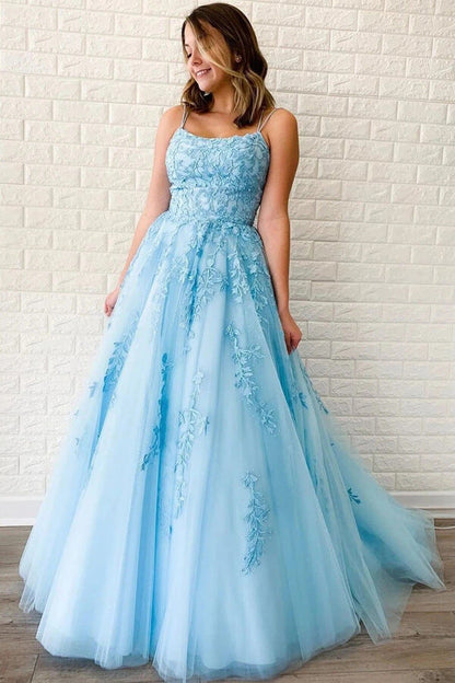Yellow Tulle Spaghetti Straps Scoop A-Line Prom Dresses with Appliques