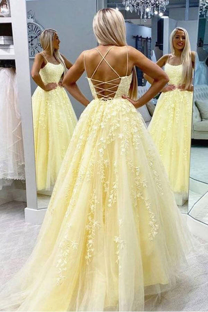 Yellow Tulle Spaghetti Straps Scoop A-Line Prom Dresses with Appliques