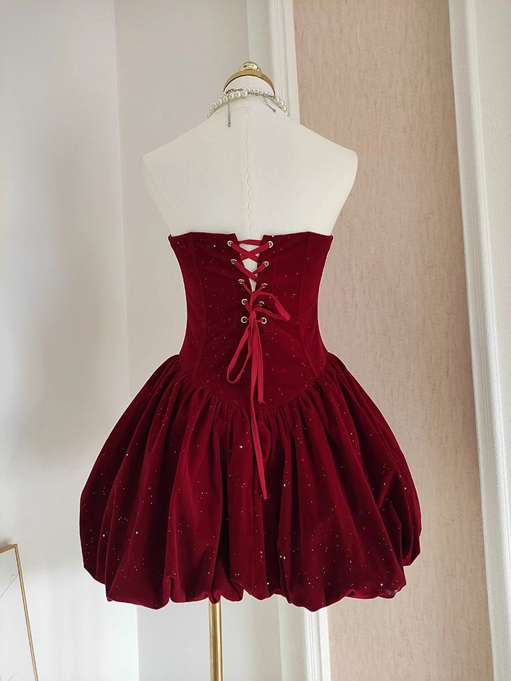 Vestido de fiesta de terciopelo burdeos con volantes y corte en A, sin tirantes, Y7972