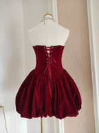 Vestido de fiesta de terciopelo burdeos con volantes y corte en A, sin tirantes, Y7972