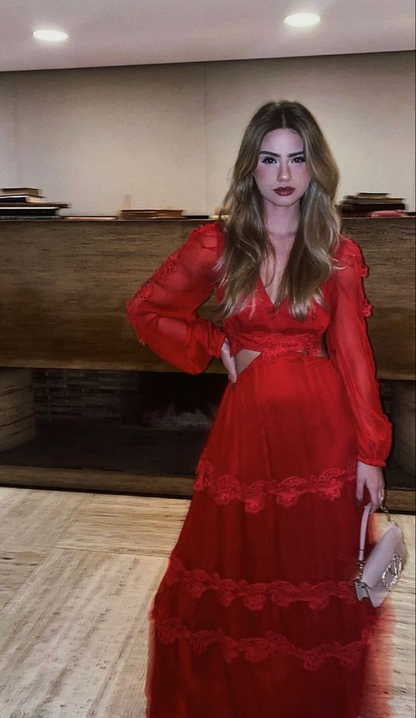 Vestido de fiesta rojo de manga larga y corte A, vestido de noche rojo Y6141
