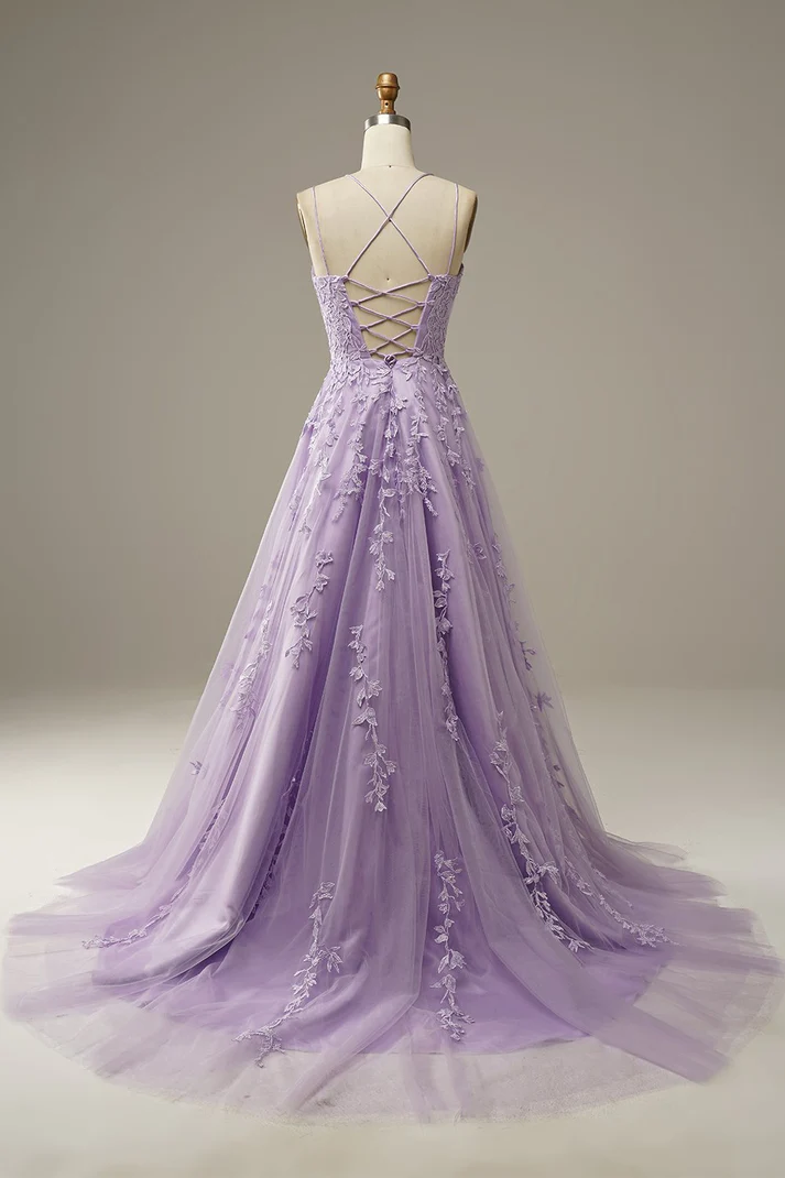 Elegantes vestidos de fiesta color lavanda, vestido de noche corte A, vestido de fiesta con apliques Y1129