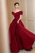 Burgunderrotes langes Satin-Ballkleid, A-Linien-Abendkleid Y1658