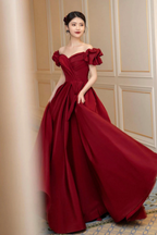 Burgunderrotes langes Satin-Ballkleid, A-Linien-Abendkleid Y1658