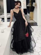 Glänzendes schwarzes Ballkleid mit V-Ausschnitt, rückenfreies schwarzes Abendkleid mit V-Ausschnitt Y1767