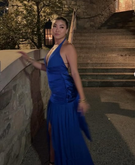 Vestido de noche de satén azul con escote halter y abertura, vestido formal de fiesta Y7863