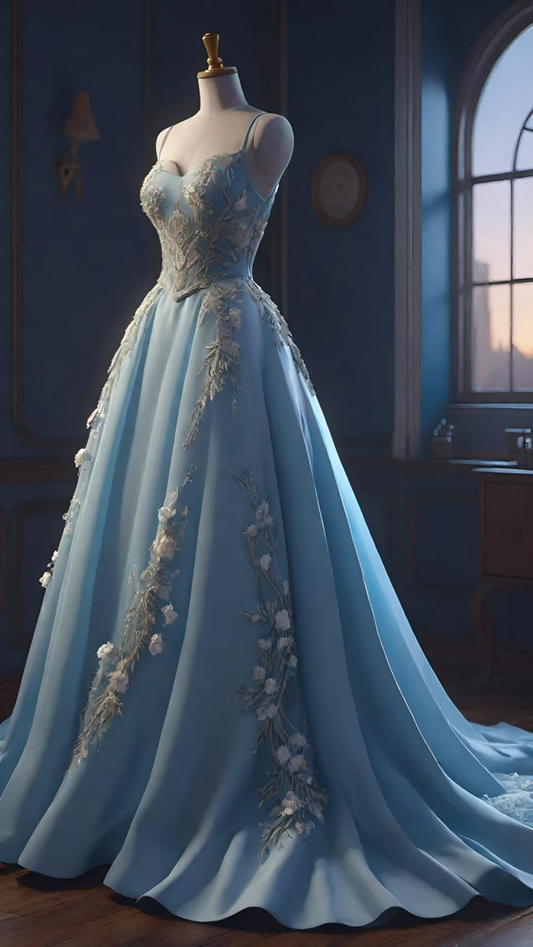 Vestido de fiesta azul de corte A con tirantes finos y apliques de satén, vestido de noche largo Y8396
