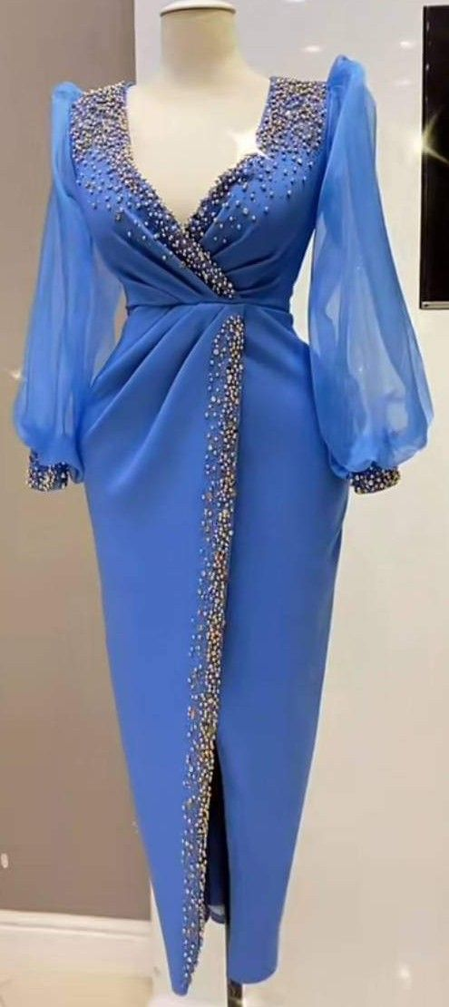 Vestido de fiesta estilo retro con mangas de farol azul, elegante vestido de noche azul Y5680
