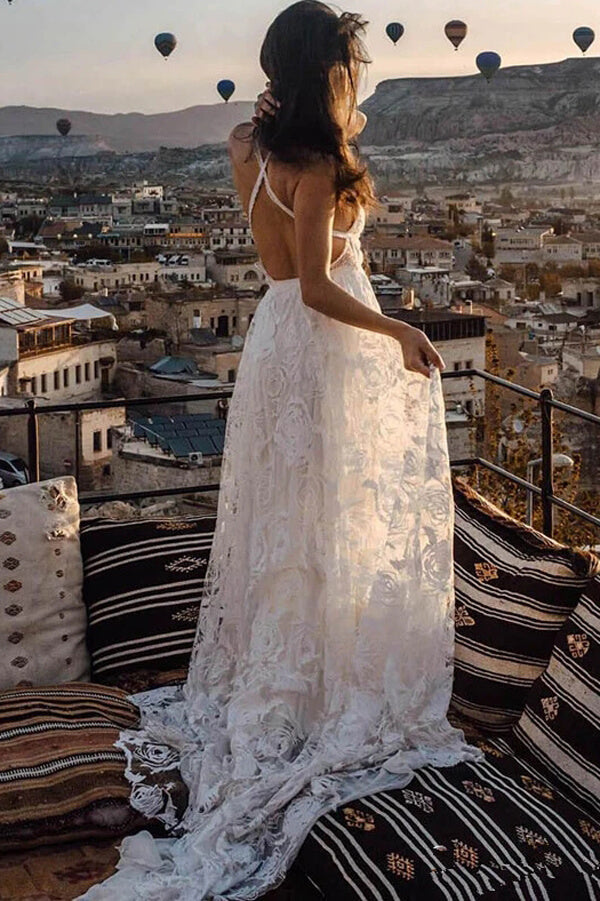 Roycebridal Charming Ivory Boho Lace Bohemian Long Beach Wedding Dresses Bridal Dress, MW263