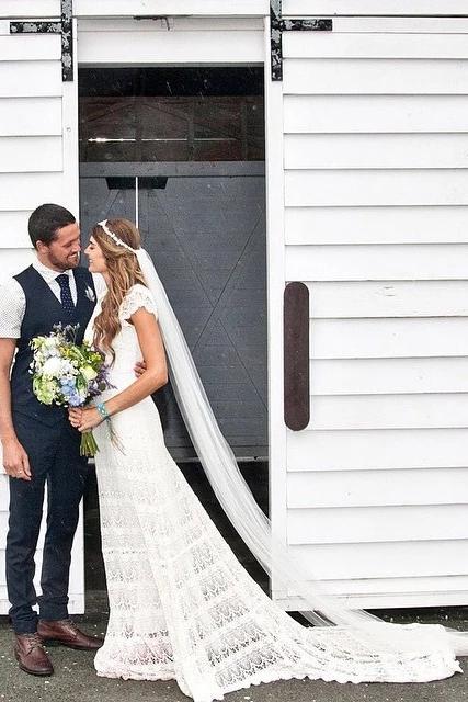 Roycebridal Lace Boho Mermaid Backless Cap Sleeve Bohemian Wedding Dresses ,MW265