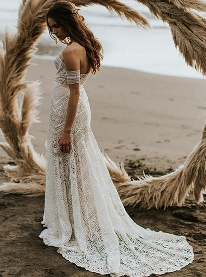 Roycebridal Sweetheart Neck Lace Beach Ivory Rustic Boho Wedding Dresses,MW267
