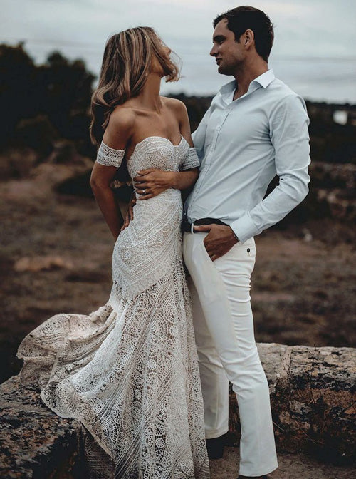 Roycebridal Sweetheart Neck Lace Beach Ivory Rustic Boho Wedding Dresses,MW267