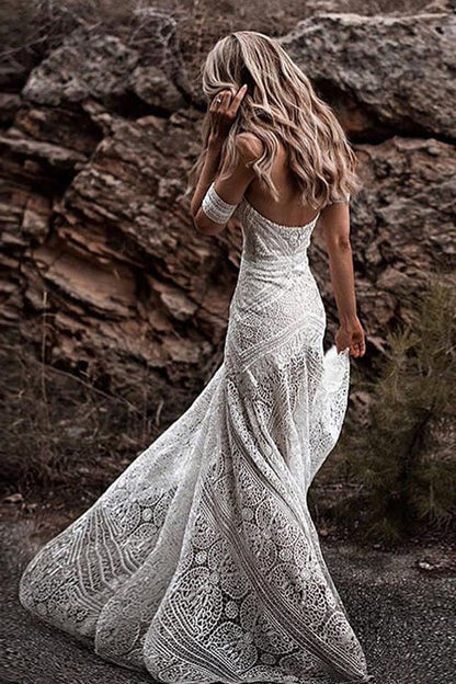 Roycebridal Sweetheart Neck Lace Beach Ivory Rustic Boho Wedding Dresses,MW267