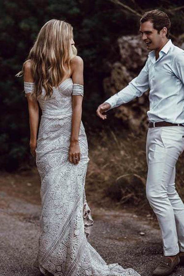 Roycebridal Sweetheart Neck Lace Beach Ivory Rustic Boho Wedding Dresses,MW267