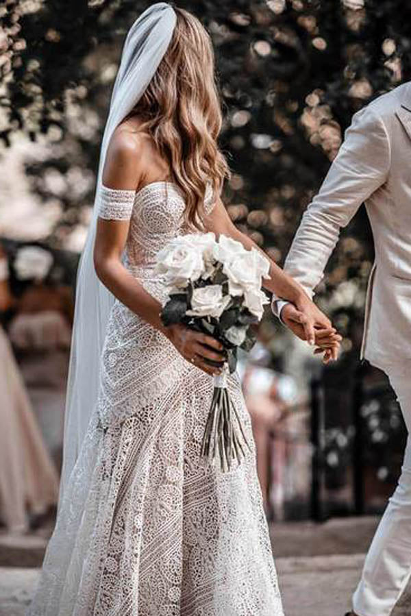Roycebridal Sweetheart Neck Lace Beach Ivory Rustic Boho Wedding Dresses,MW267