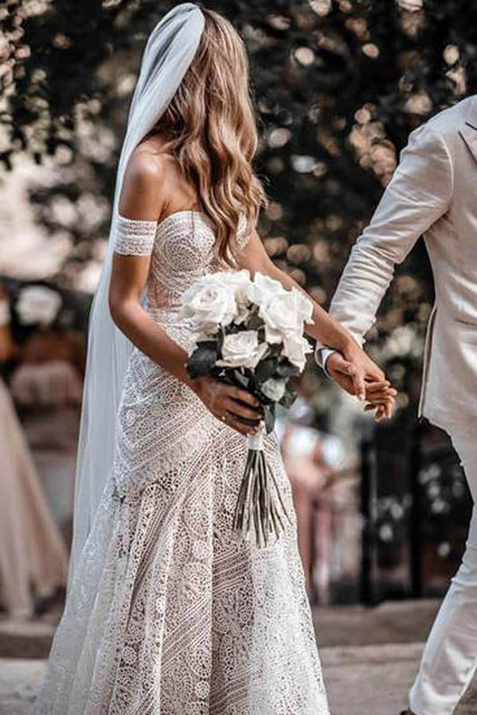 Roycebridal Sweetheart Neck Lace Beach Ivory Rustic Boho Wedding Dresses,MW267