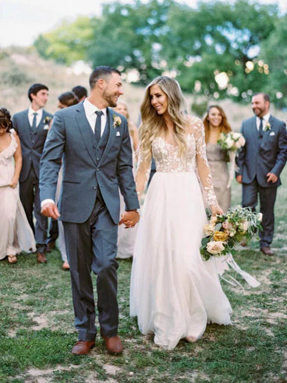 Roycebridal See Through Beaded Floral Lace Long Sleeve Boho Wedding Dresses,MW269