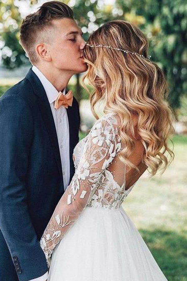 Roycebridal See Through Beaded Floral Lace Long Sleeve Boho Wedding Dresses,MW269