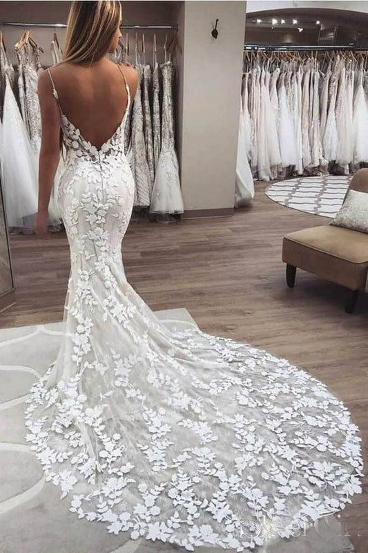 Roycebridal Spaghetti Strap Vintage Mermaid Lace Appliques Wedding Dress,MW288