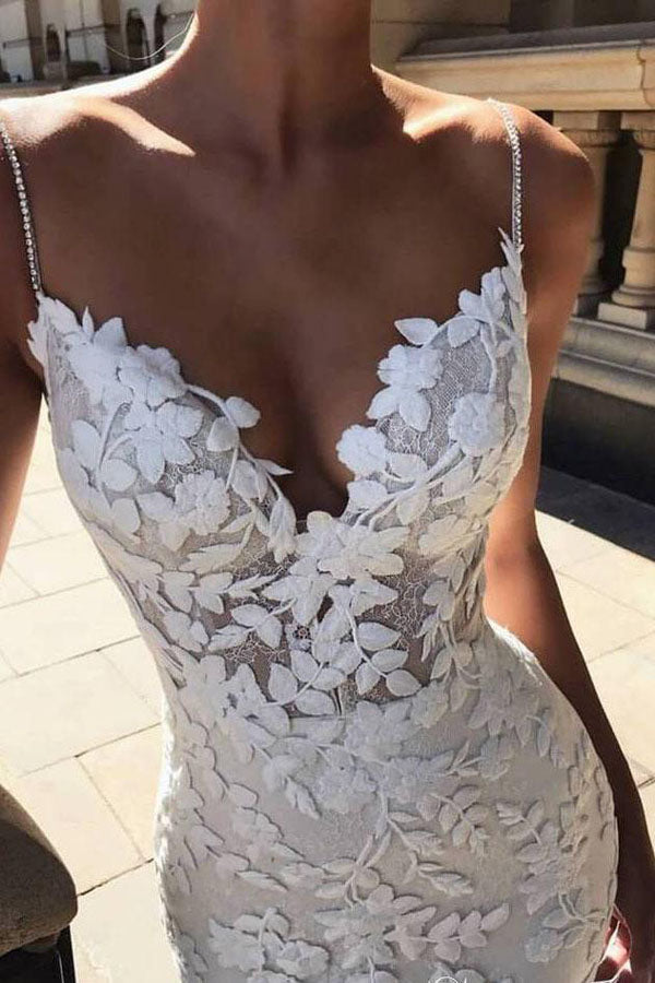 Roycebridal Spaghetti Strap Vintage Mermaid Lace Appliques Wedding Dress,MW288