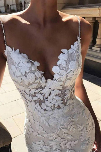 Roycebridal Spaghetti Strap Vintage Mermaid Lace Appliques Wedding Dress,MW288