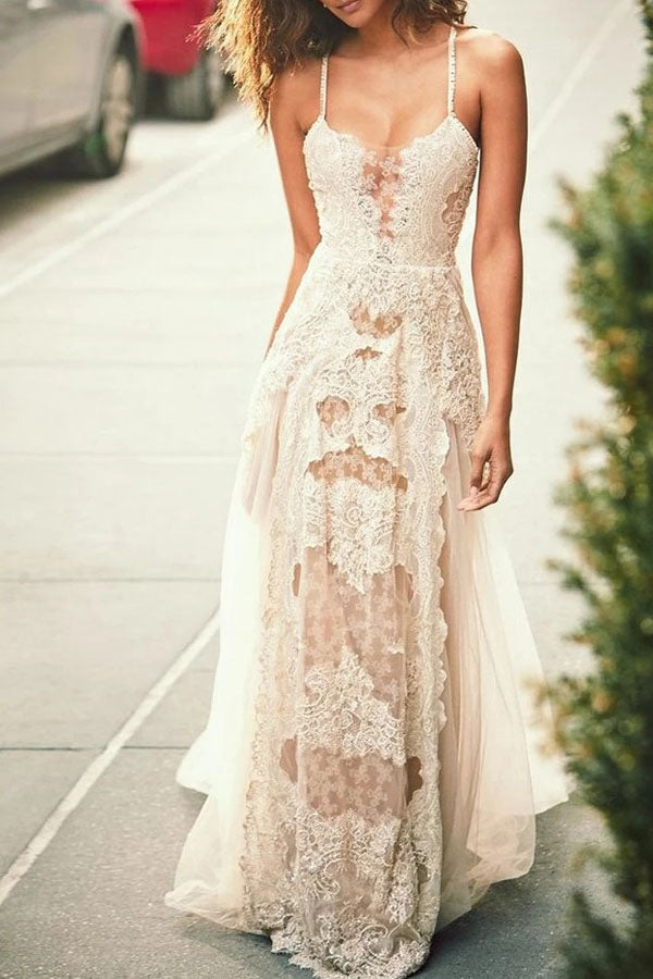 Günstige Spaghettiträger Tüll Strand Brautkleid Spitze Applikationen Brautkleider MW312