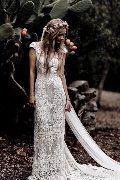 Vestido de novia bohemio con mangas cortas y encaje rústico vintage MW314