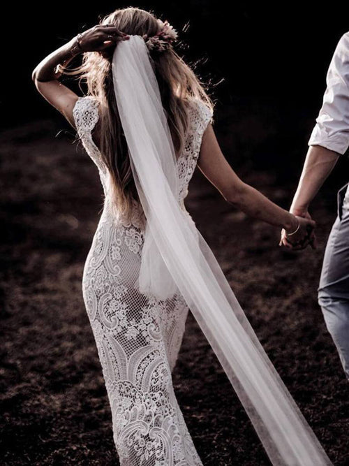 Vestido de novia bohemio con mangas cortas y encaje rústico vintage MW314