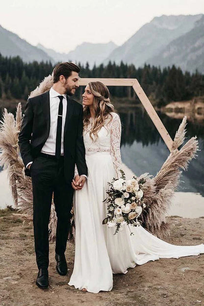 Roycebridal Two Piece Round Neck Lace White Chiffon Wedding Dress With Long Sleeves,MW392
