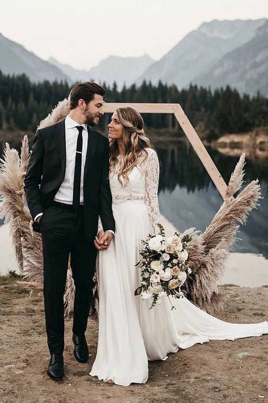 Roycebridal Two Piece Round Neck Lace White Chiffon Wedding Dress With Long Sleeves,MW392