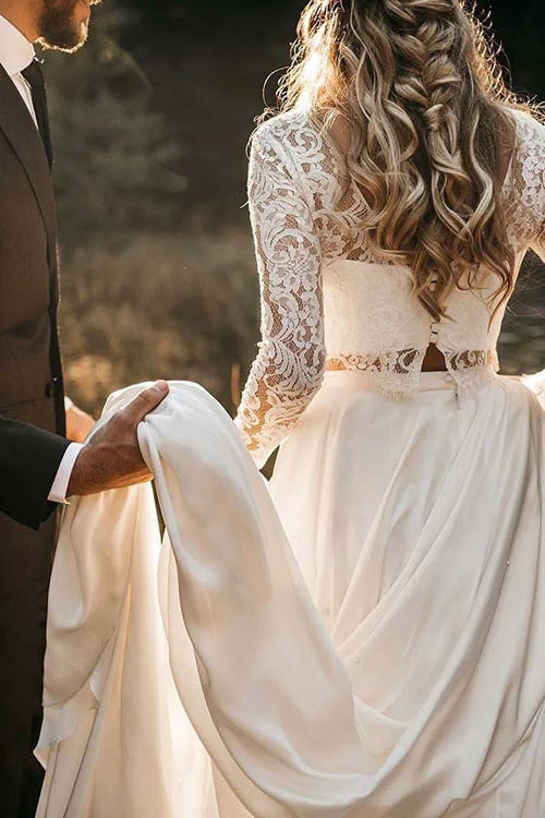 Roycebridal Two Piece Round Neck Lace White Chiffon Wedding Dress With Long Sleeves,MW392