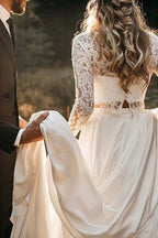 Roycebridal Two Piece Round Neck Lace White Chiffon Wedding Dress With Long Sleeves,MW392