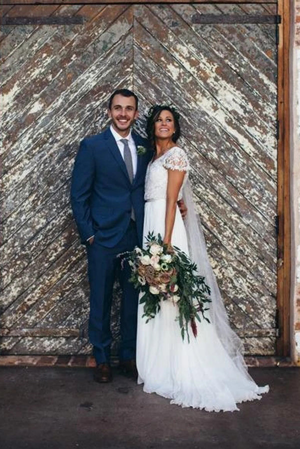 Vestidos de novia brillantes, románticos, corte A, escote en V, gasa con cuentas, MW442
