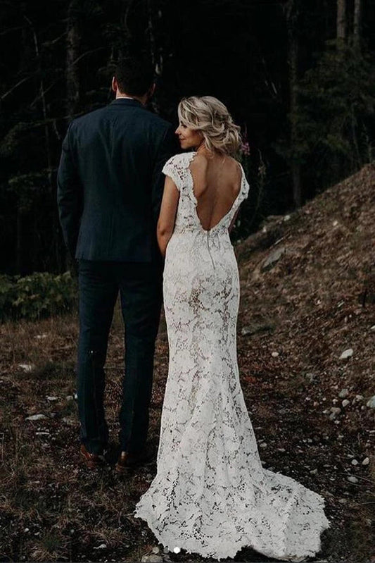 Roycebridal Charming Mermaid Lace Ivory Cap Sleeves Wedding Dresses, Bridal Dresses,MW481