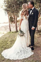 Roycebridal Rustic Ivory Lace Wedding Dresses Off the Shoulder Beach Wedding Dresses,MW490