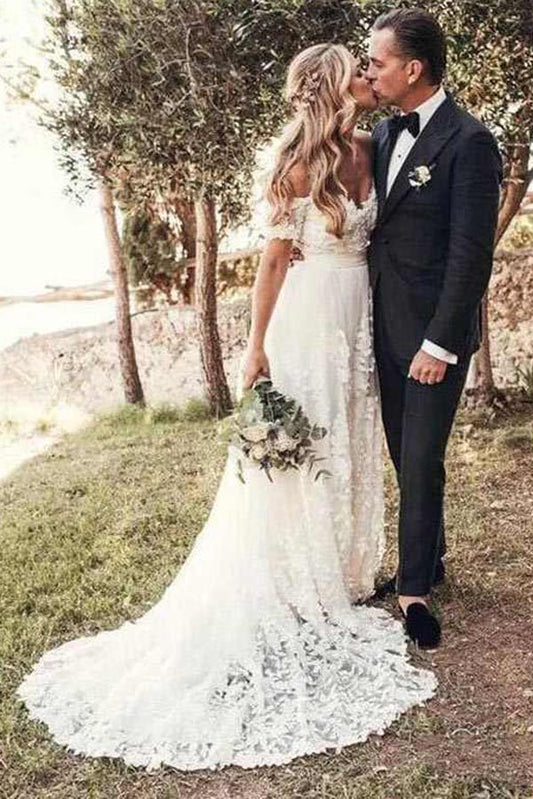 Roycebridal Rustic Ivory Lace Wedding Dresses Off the Shoulder Beach Wedding Dresses,MW490