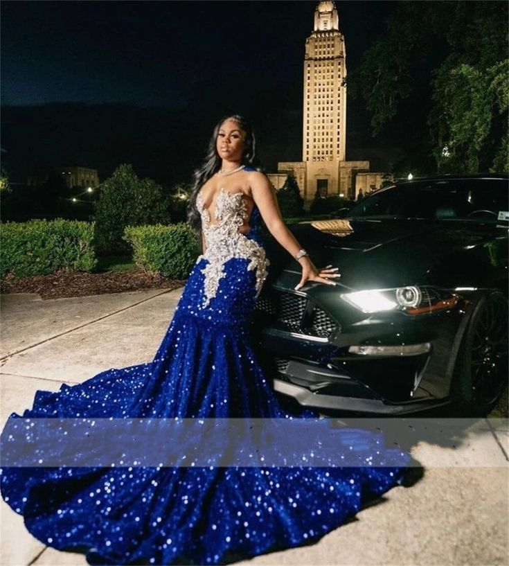 Abendkleid im Meerjungfrau-Stil mit königsblauen Pailletten und transparentem Halsausschnitt in Übergröße für formelle Abendveranstaltungen Y6358