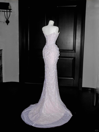 Glitzerndes lila Tüll-Ballkleid mit Perlen, trägerlos, Meerjungfrau-Abendkleid Y8664
