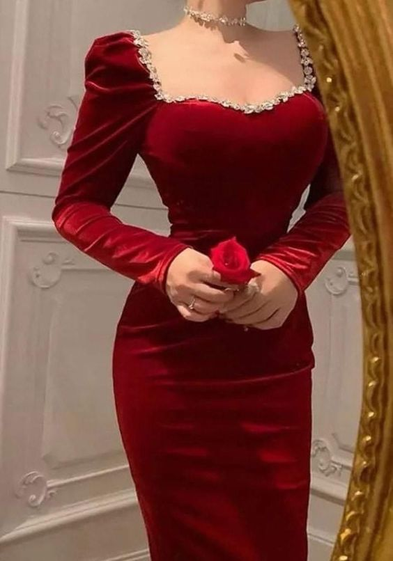 Abendkleid im Retro-Stil aus rotem Samt mit langen Ärmeln, rotes Abendkleid Y5556